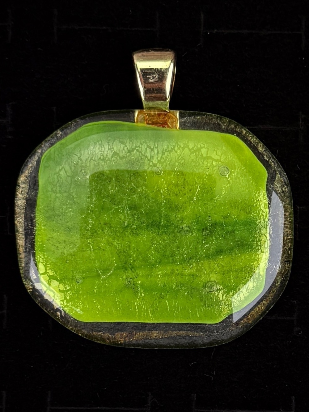 Vintage Lime Green Art Glass Pendant Gold Tone Statement Necklace Charm